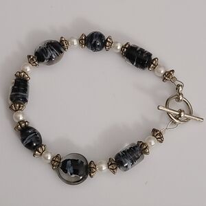 Vintage Art Glass 925 Sterling Silver Natural Pearl Bracelet Toggle Estate Euc